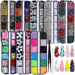 FANDAMEI Nail Charms & Rhinestones Kit – 8 Boxes 3D Nail Gems, Pearls & Flatback Crystals