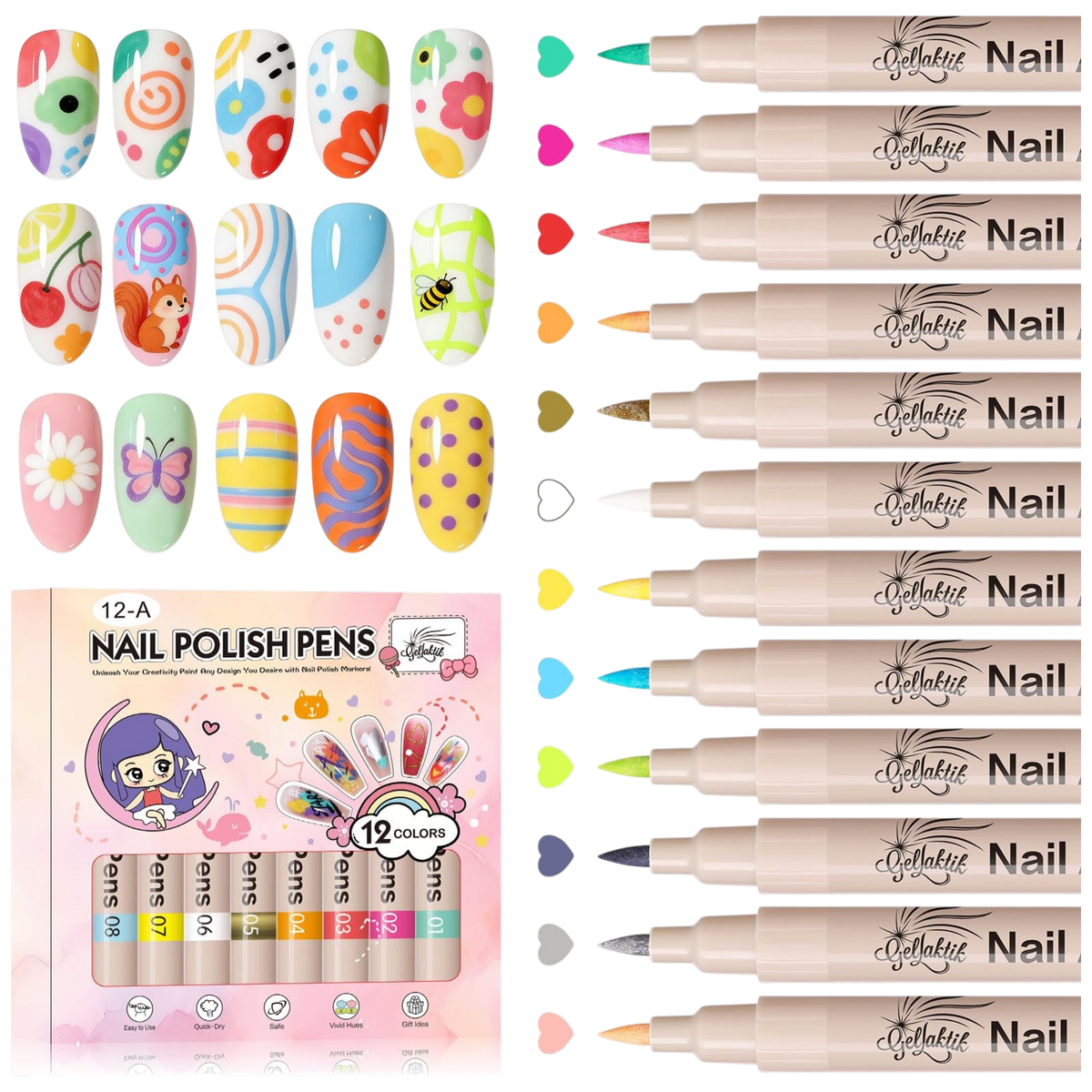 12 Colors 3D Nail Art Pens Set – Quick-Drying Acrylic Nail Paint Markers with Dotting & Liner Brush