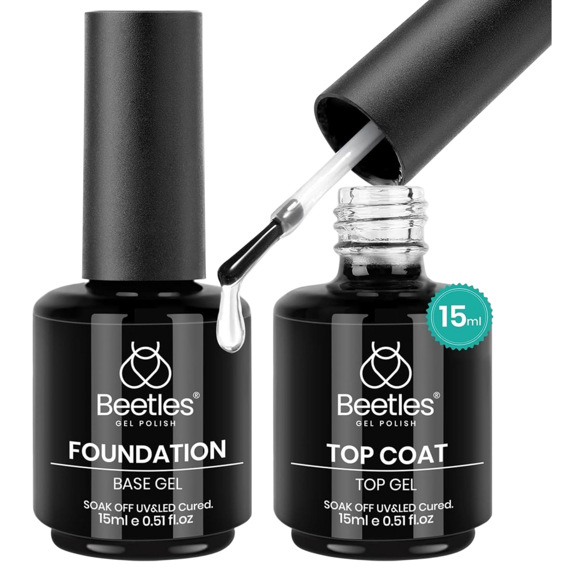 Beetles No Wipe Gel Top Coat & Base Coat Set 15ml (2 Pack) – Long Lasting Shine Finish