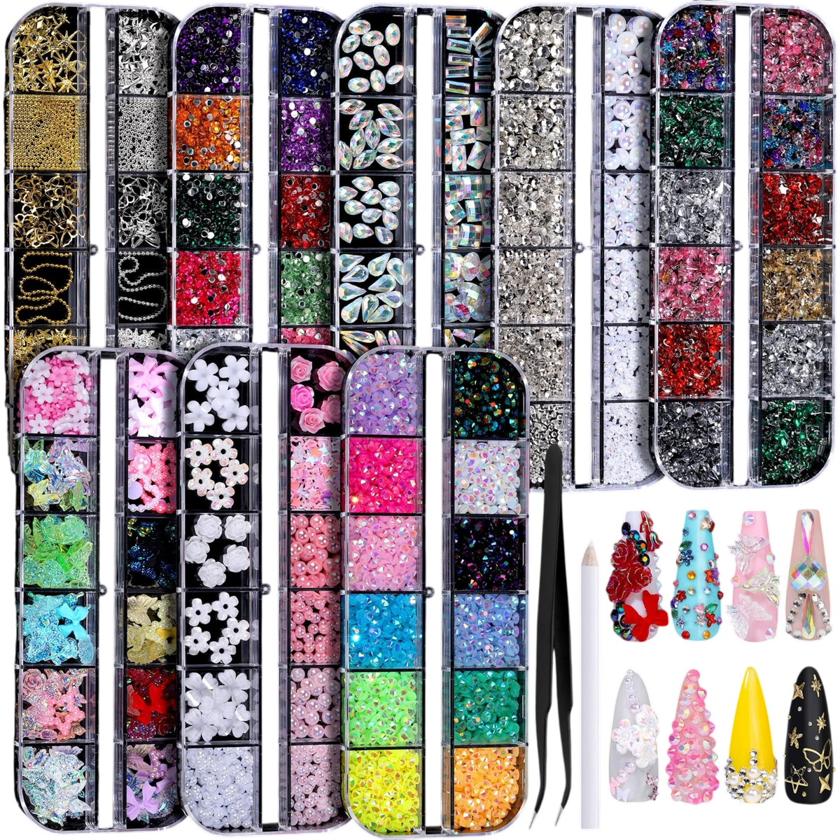 FANDAMEI Nail Charms & Rhinestones Kit – 8 Boxes 3D Nail Gems, Pearls & Flatback Crystals