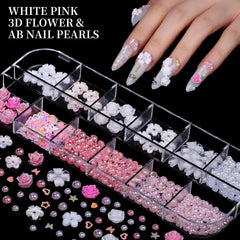 FANDAMEI Nail Charms & Rhinestones Kit – 8 Boxes 3D Nail Gems, Pearls & Flatback Crystals