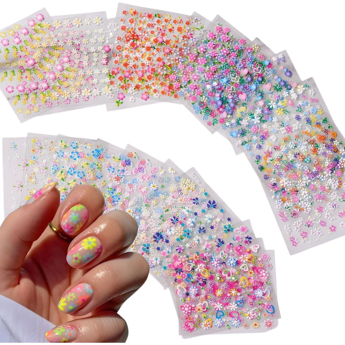 SPLOCUDU 30 Sheets 3D Nail Art Stickers – Colorful Daisy, Floral & Heart Self-Adhesive Decals